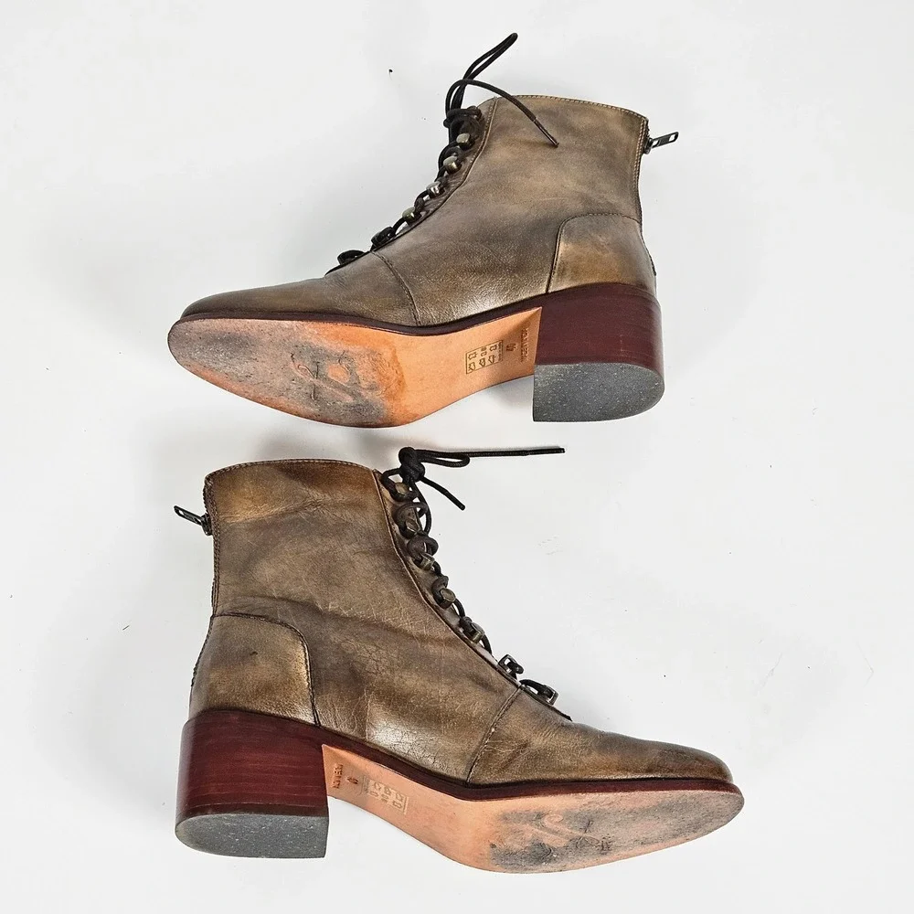 Free People Eberly Victorian Lace-Up Bronze Leather Ankle Boots Women Size 40